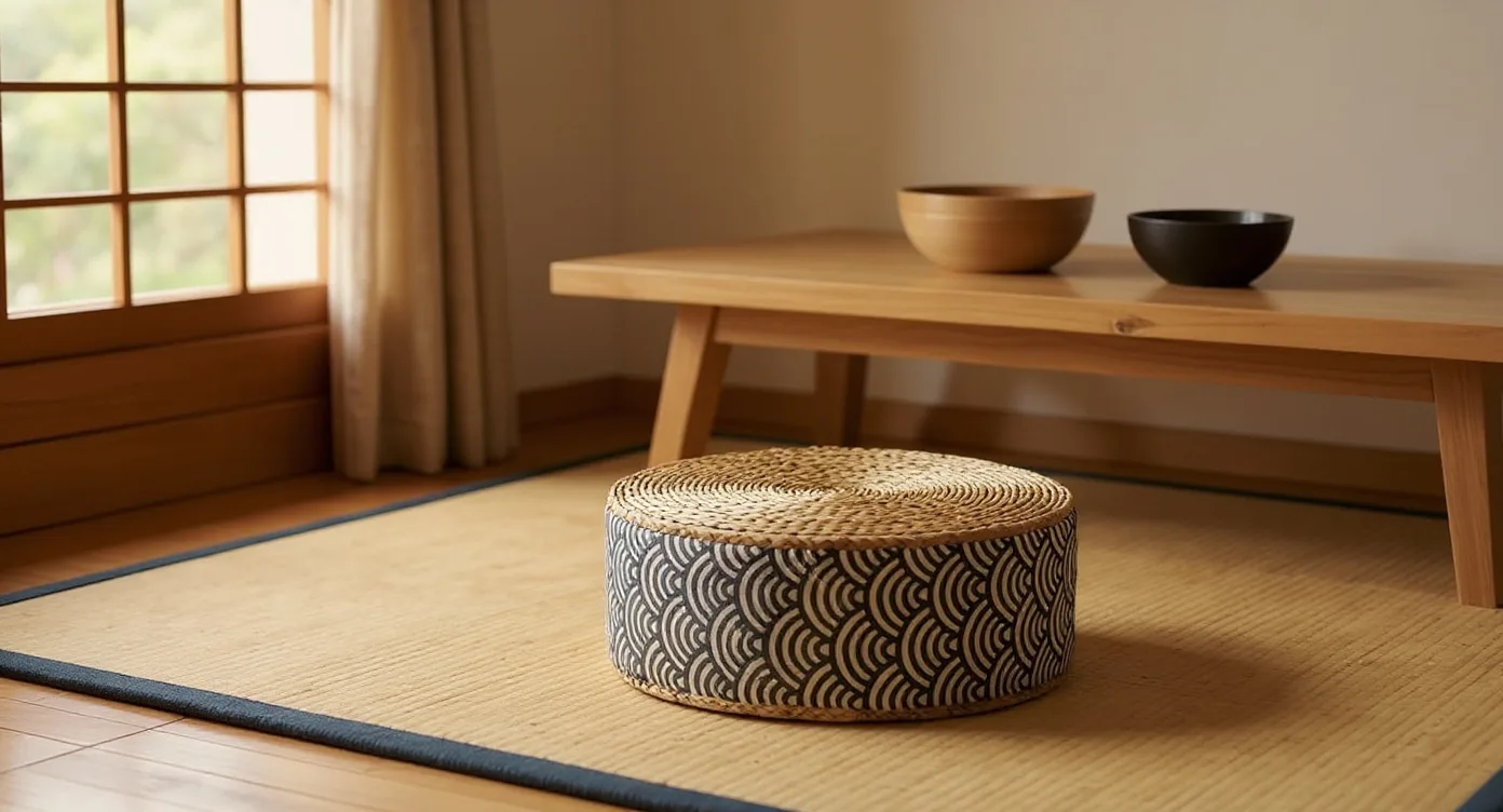Japanese Floor Seat pulled up to a low chabudai in evening light
