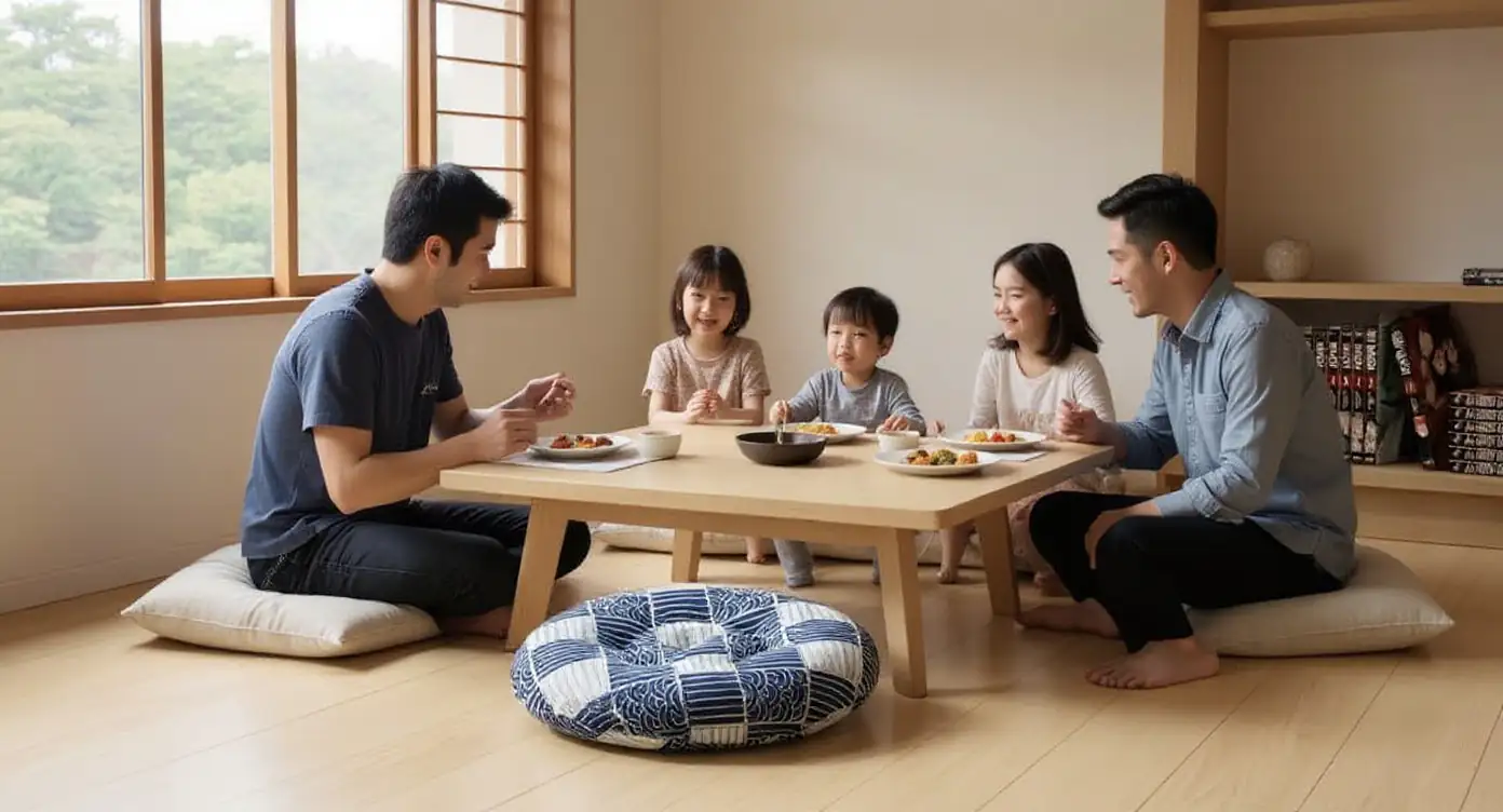 Family dining on floor cushions at a low chabudai table with an everyday ichiju-sansai meal