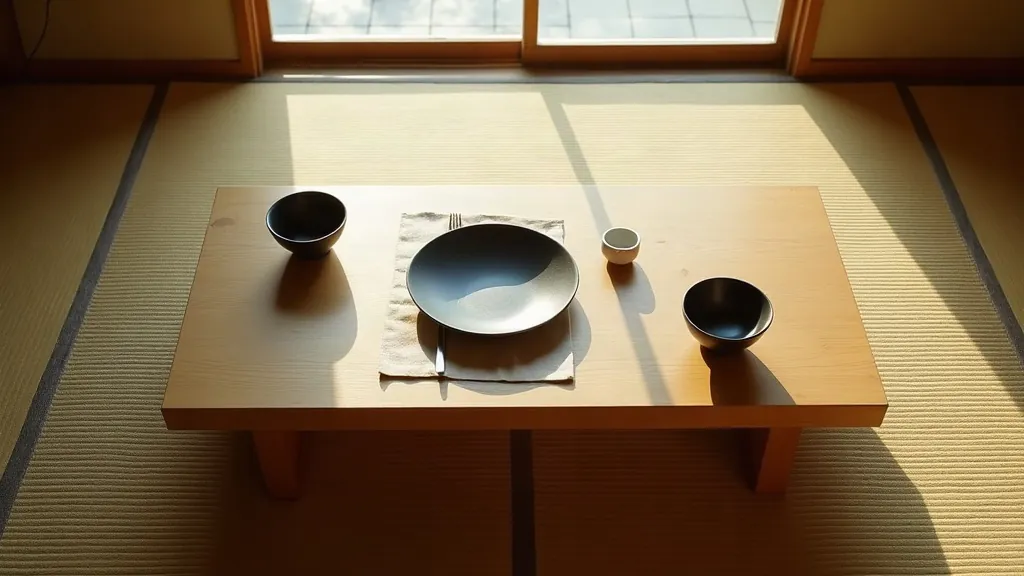 Empty chabudai table with tatami mats and soft morning light through shoji screen