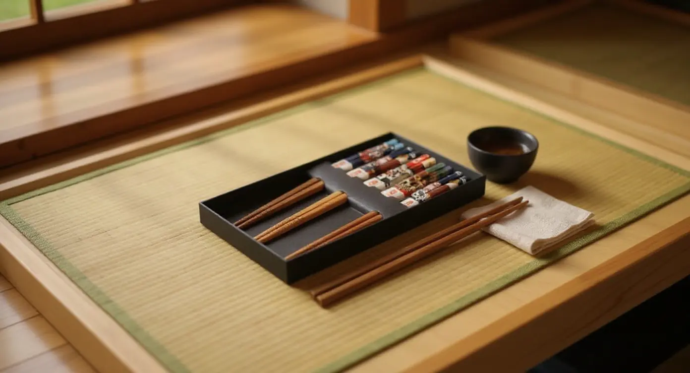 Wood chopsticks resting on a ceramic hashioki at a traditional Japanese place setting on tatami