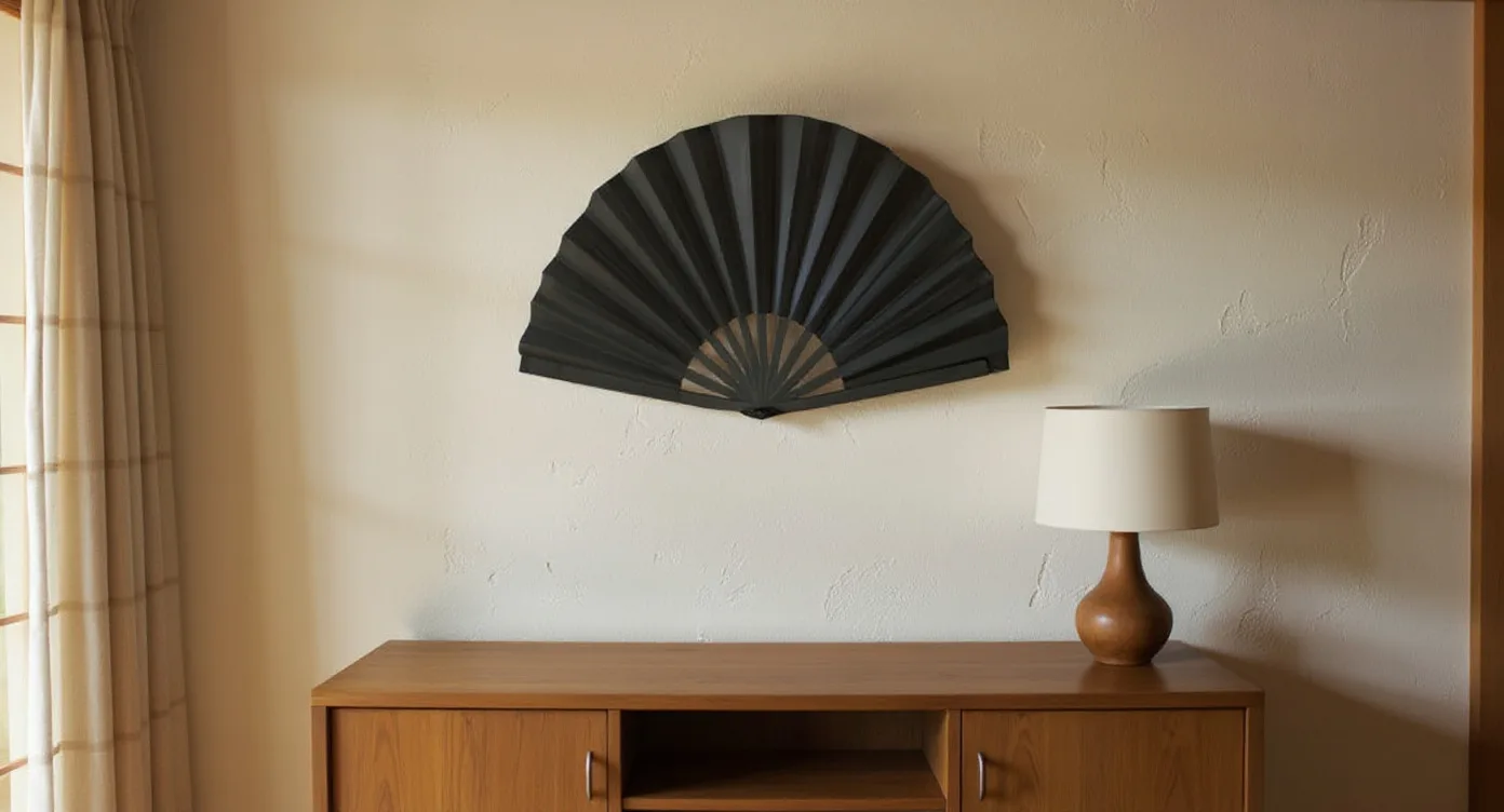 Big Japanese Fan held on a bamboo rail above a low wood shelf in a tatami room