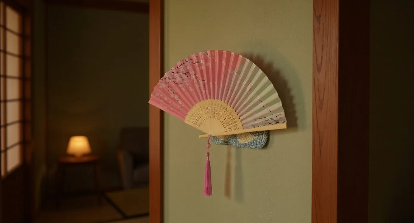 Japanese Hand Fan hung at eye level on a hallway wall at dusk