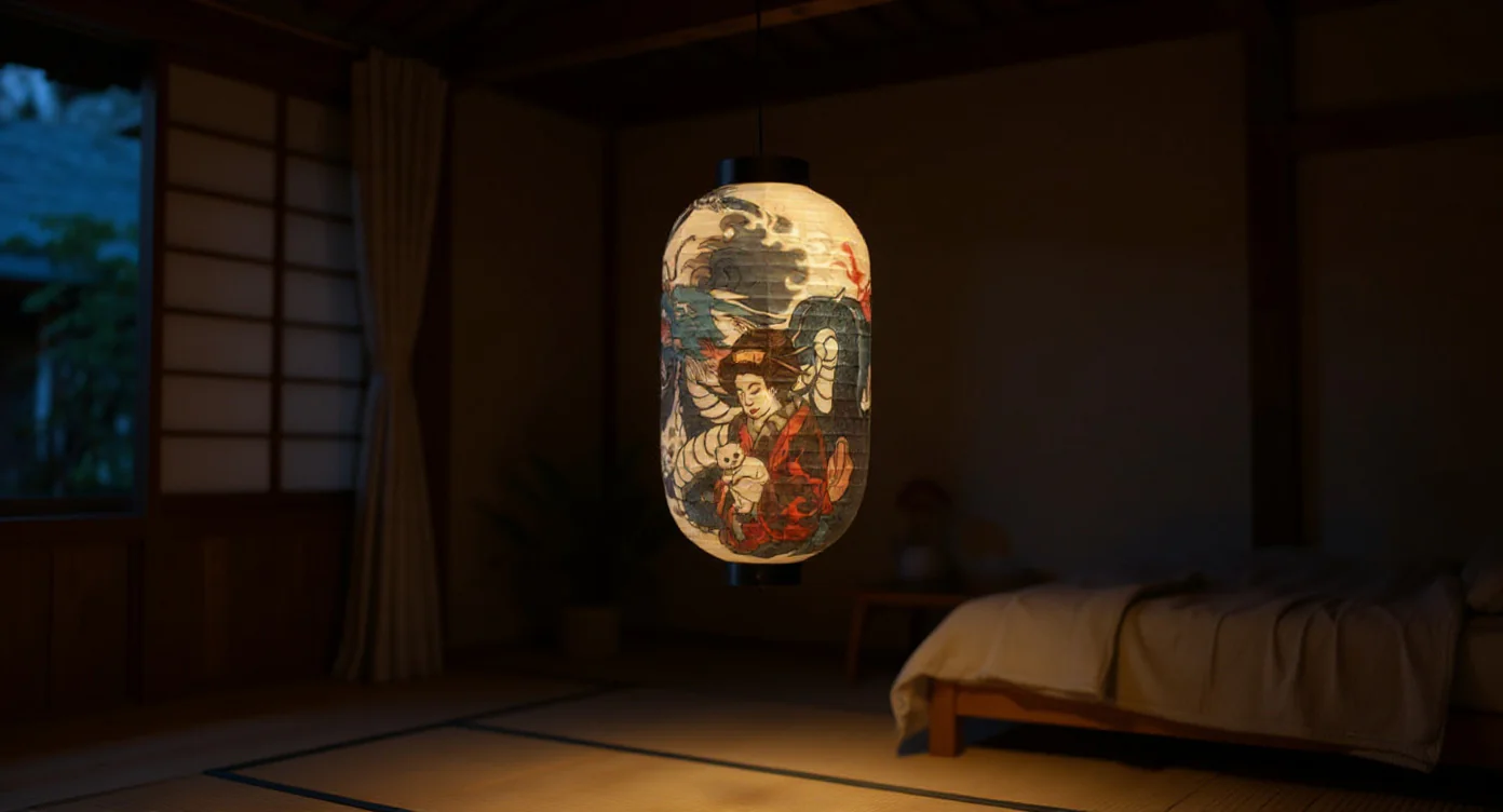 Chochin lantern suspended in evening japandi bedroom casting warm soft glow on pale wood and linen