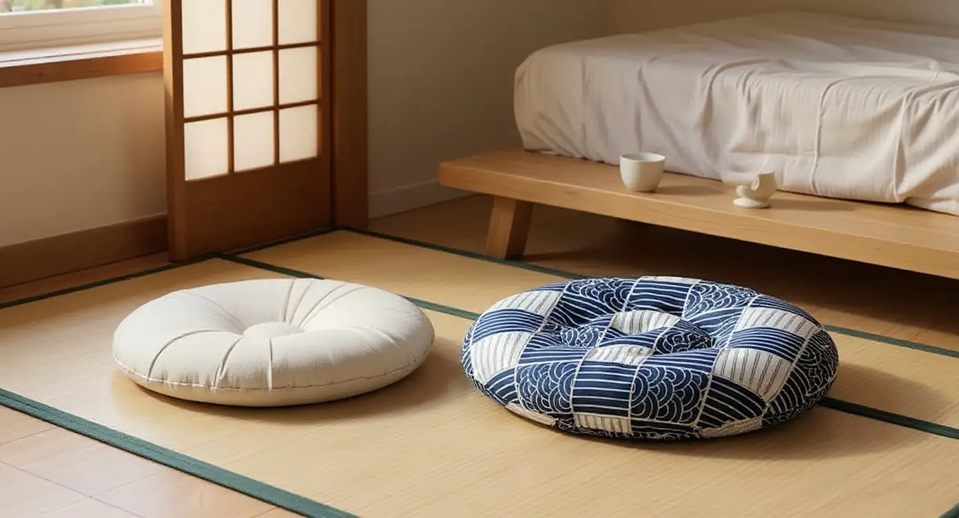 Two Japanese floor cushions on tatami beside low wooden table in japandi bedroom afternoon light