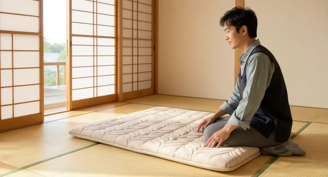 Japanese futon mat on low platform bed in bright japandi bedroom with soft diffused window light