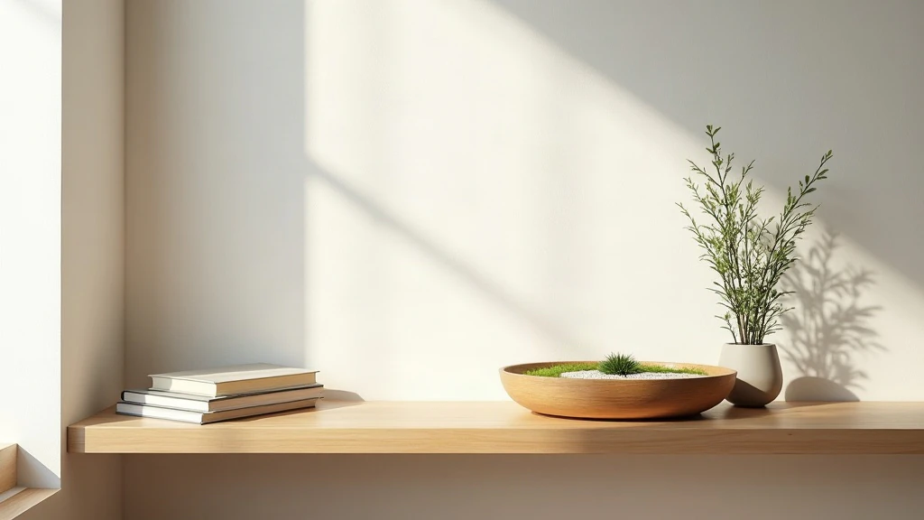 A miniature zen garden displayed on a wooden shelf among books and a single potted plant in a small living room
