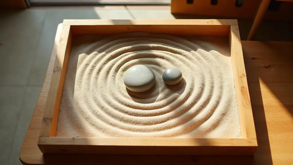 Detailed view of raked sand patterns with parallel lines and circles in a miniature zen garden