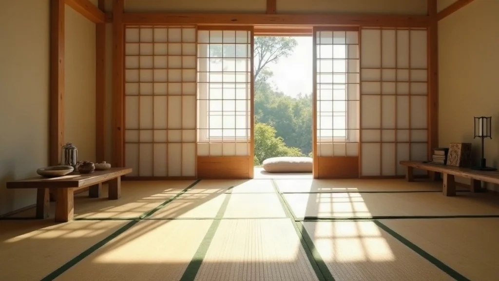 Lumière de fin d'après-midi traversant un écran shoji, ombres douces sur tatami pâle.