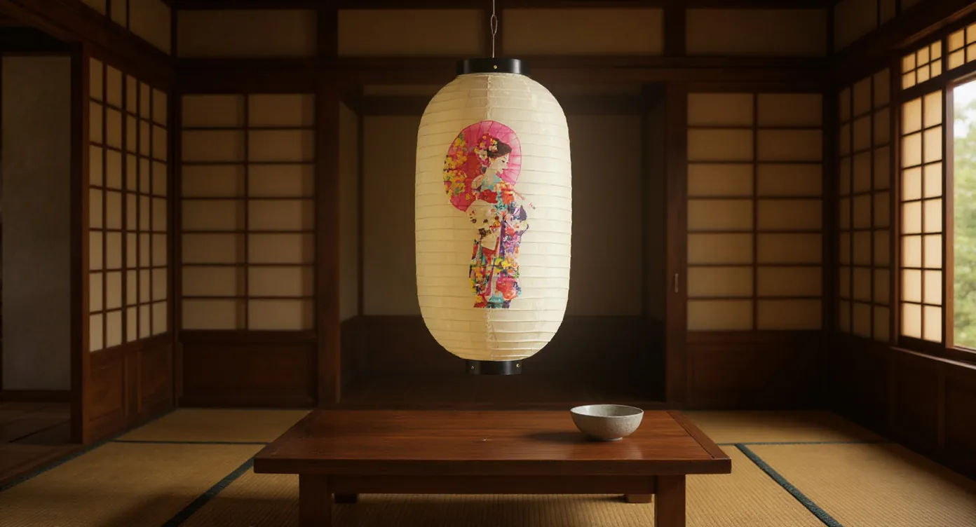 Chōchin en papier washi suspendue au-dessus d'une table basse en bois, lumière chaude filtrée.