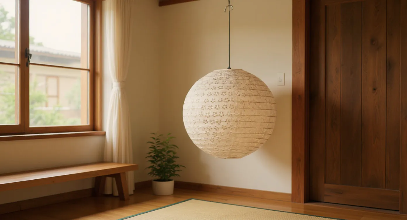 Lanterne en tissu suspendue à côté d'un noren en bois, appartement minimaliste moderne.
