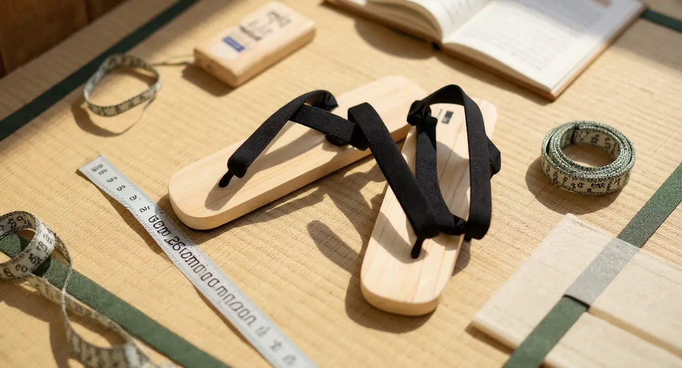 Geta posées à côté d'un mètre-ruban sur un tatami