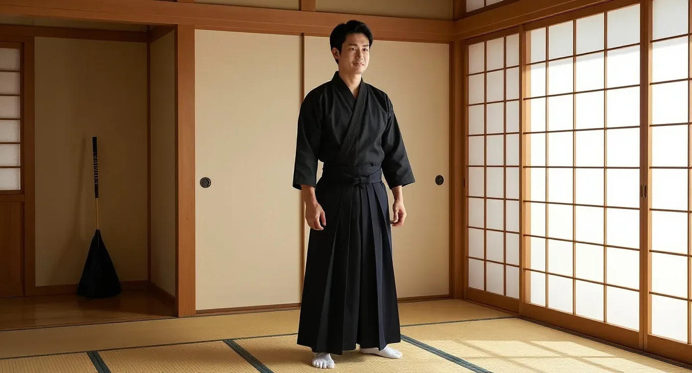 Homme en hakama noir tenant la position de pieds chudan sur le sol d'un dojo à domicile