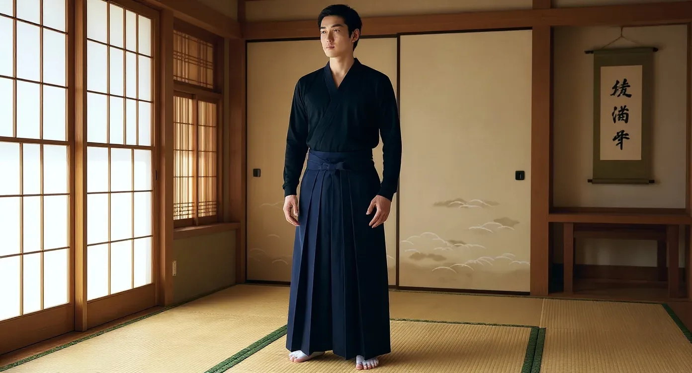 Homme en hakama d'aïkido bleu marine travaillant le suri ashi du kendo sur tatami dans une pièce washitsu