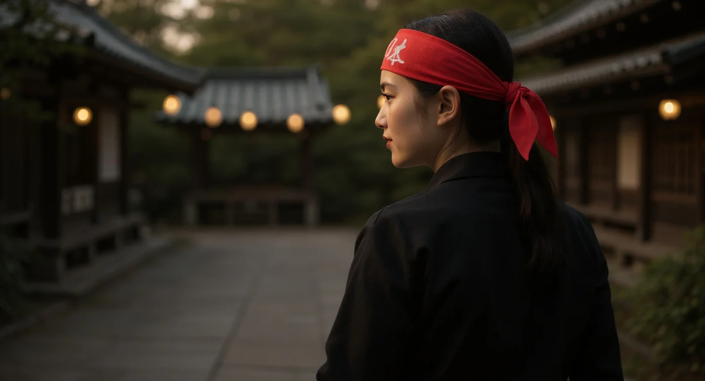 Personne portant un hachimaki rouge lors d'un matsuri en sanctuaire.