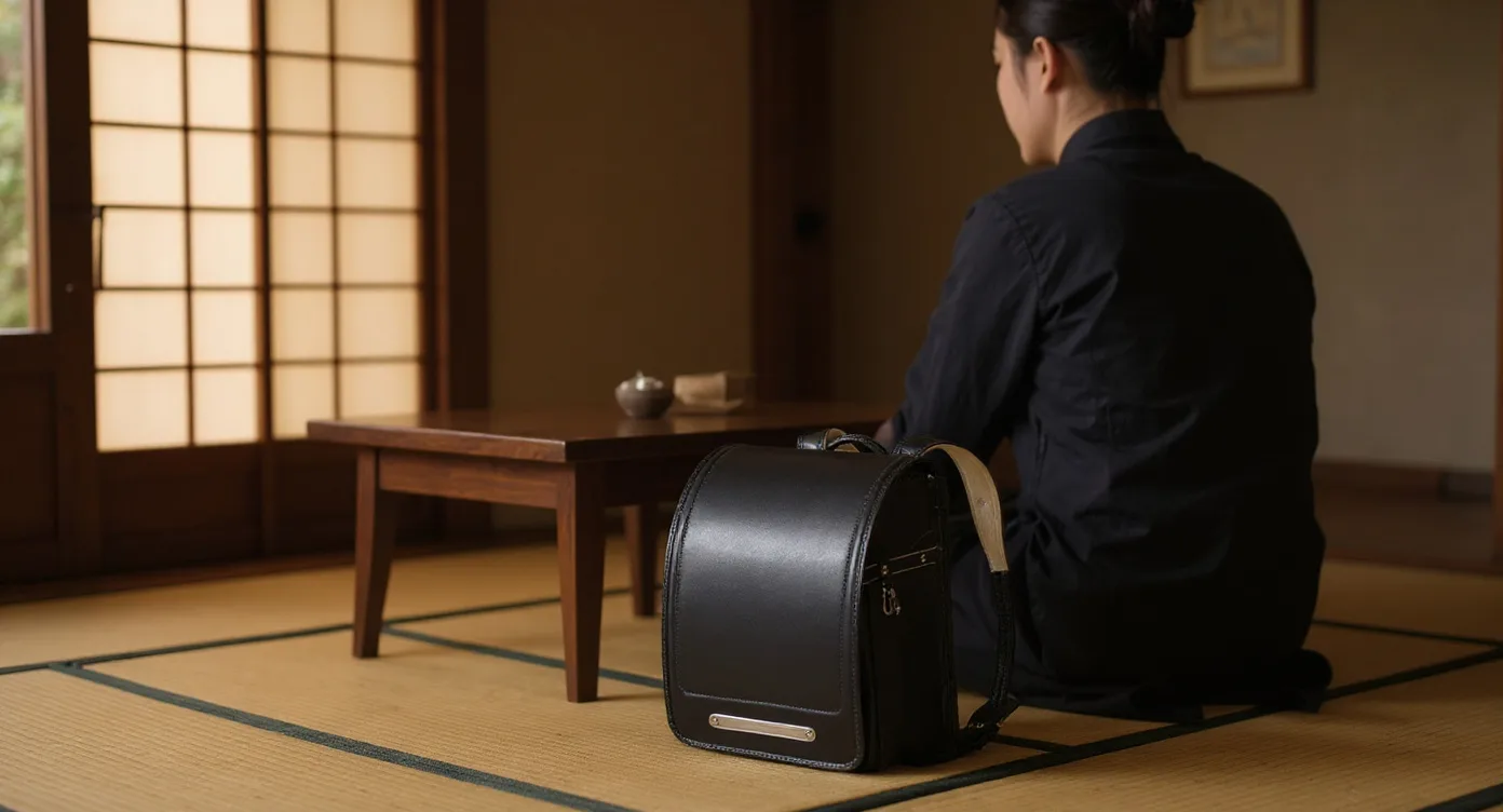 Randoseru Adulte en cuir posé sur tatami près d'un bureau bas