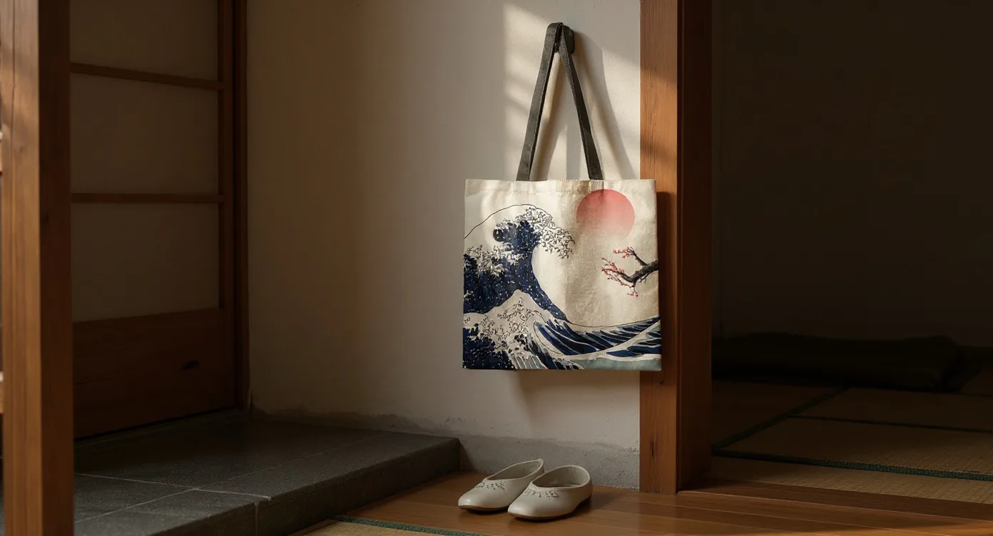 Tote Bag Japonais accroché dans un genkan lumineux de fin d'après-midi