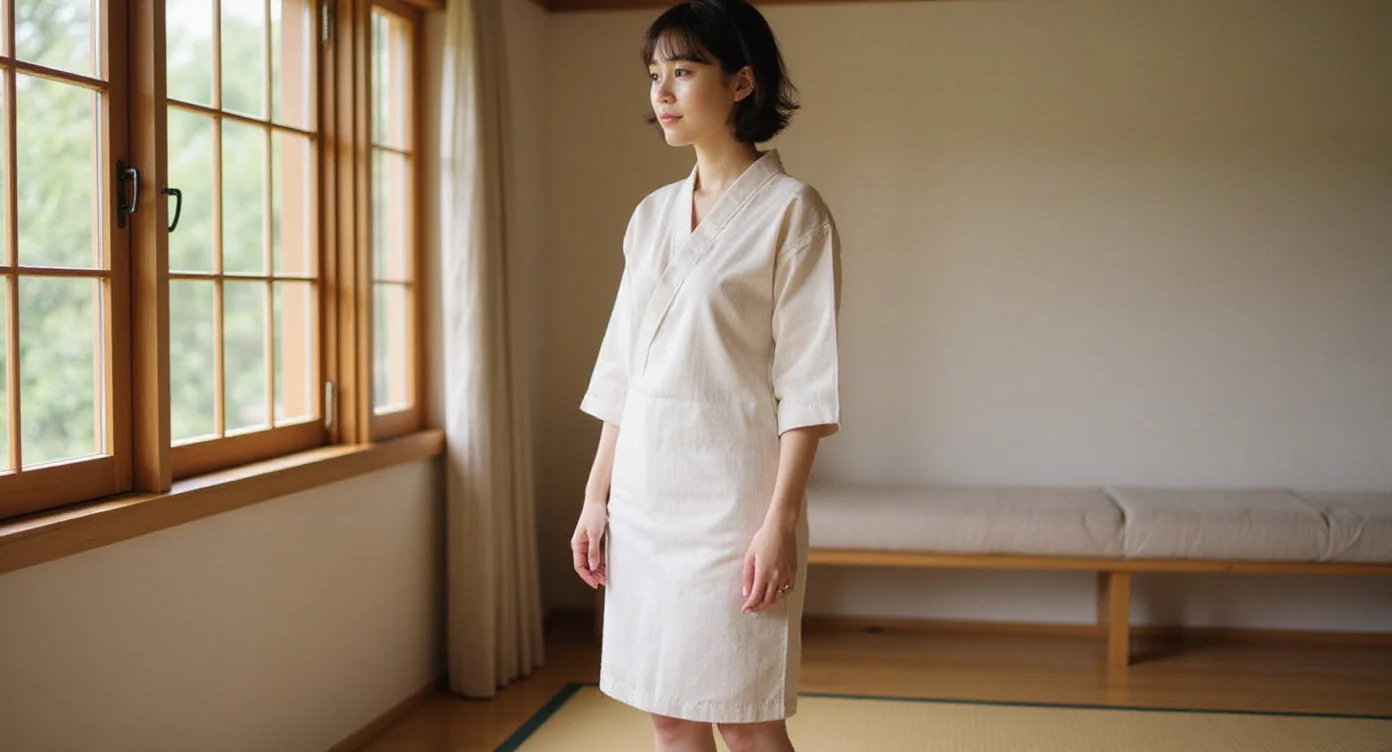 Femme en veste kimono courte chic dans un appartement minimaliste moderne