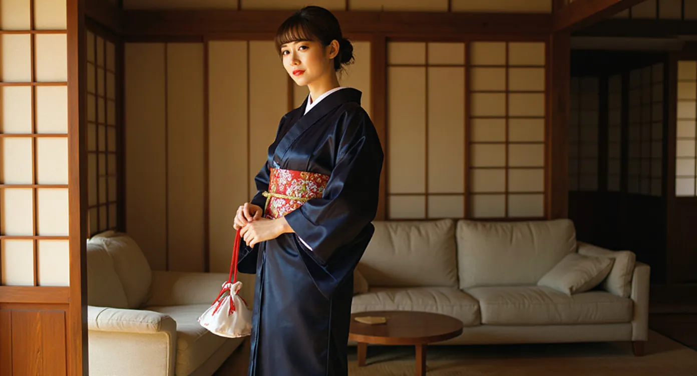 Femme en kimono satin indigo avec la lumière qui révèle la brillance du tissu