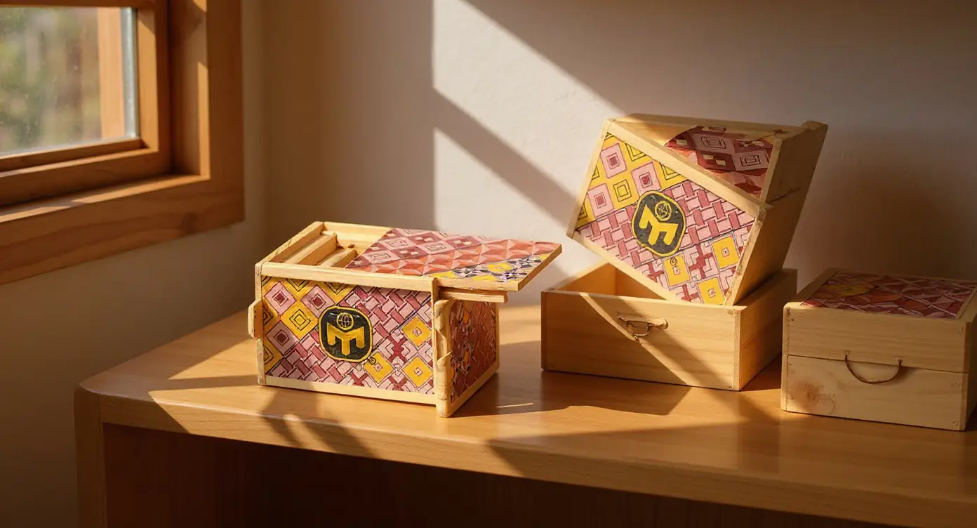 Boîte Secrète Japonaise rangée sur une étagère avec les accessoires du jeu Daruma Otoshi