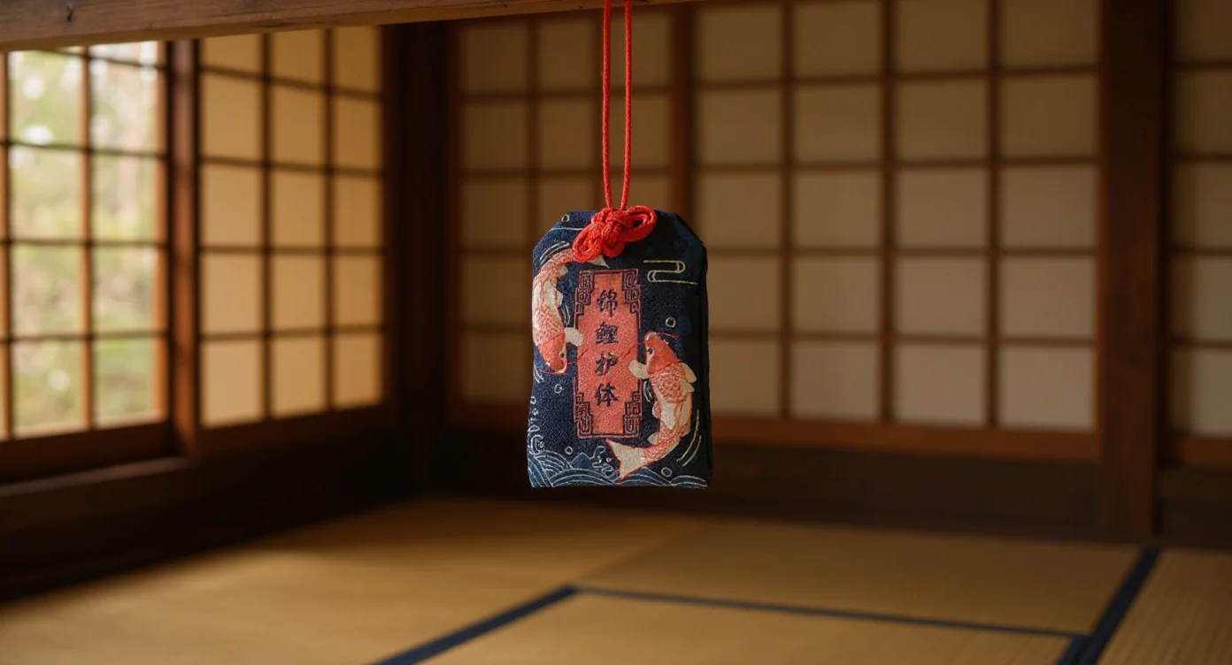 Omamori Japonais suspendu à une poutre en bois, symbole de chance et de vœux