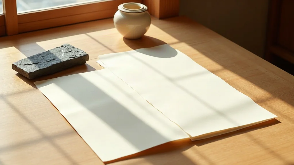 Deux types de papier (washi et papier de riz) côte à côte sur un bureau bas en bois naturel, à la lumière de l'après-midi.