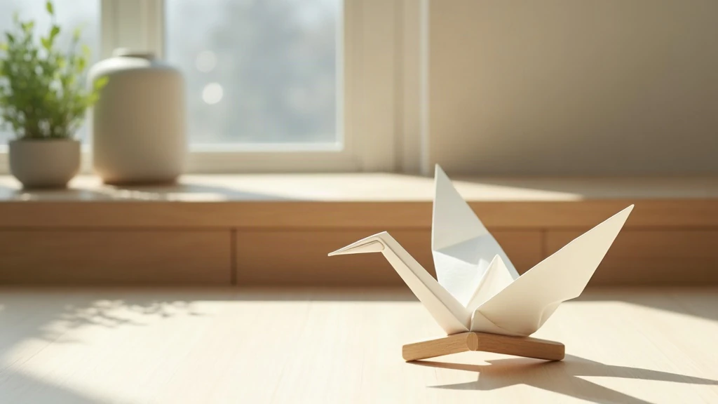 Grue en origami en papier washi blanc, papier visible en détail, présentée sur un petit support en bois.