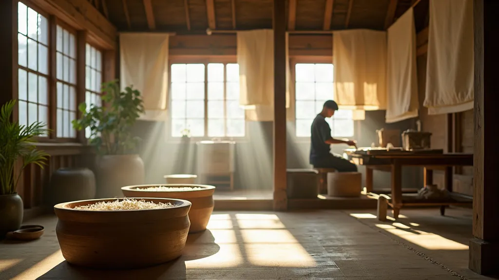 Atelier traditionnel de fabrication du papier washi, bacs de pâte, séchage des feuilles.
