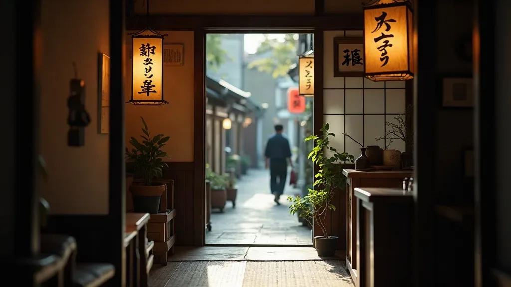 Rideau noren indigo à l'entrée d'un petit restaurant japonais dans une ruelle