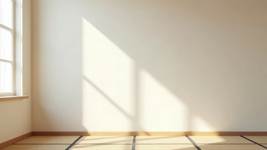 Intérieur minimaliste japonais, mur crème, lumière douce, espace vide.