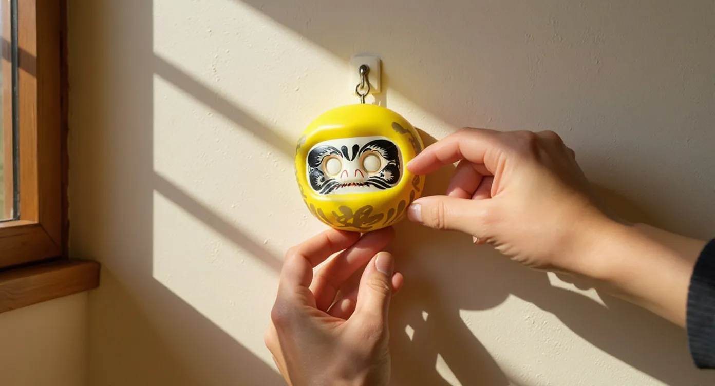 Daruma jaune accroché avec un crochet adhésif, mains positionnant l'objet.