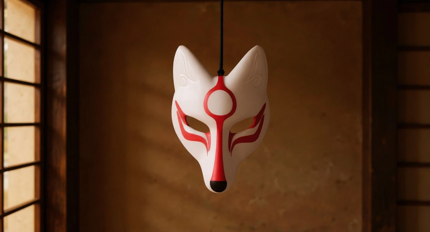 Masque Kitsune suspendu à un cordon de soie noire dans une pièce aux murs de terre.