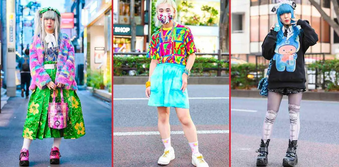 3 jeunes japonais avec un style japonais kawaii dans la rue d'harajuku à Tokyo
