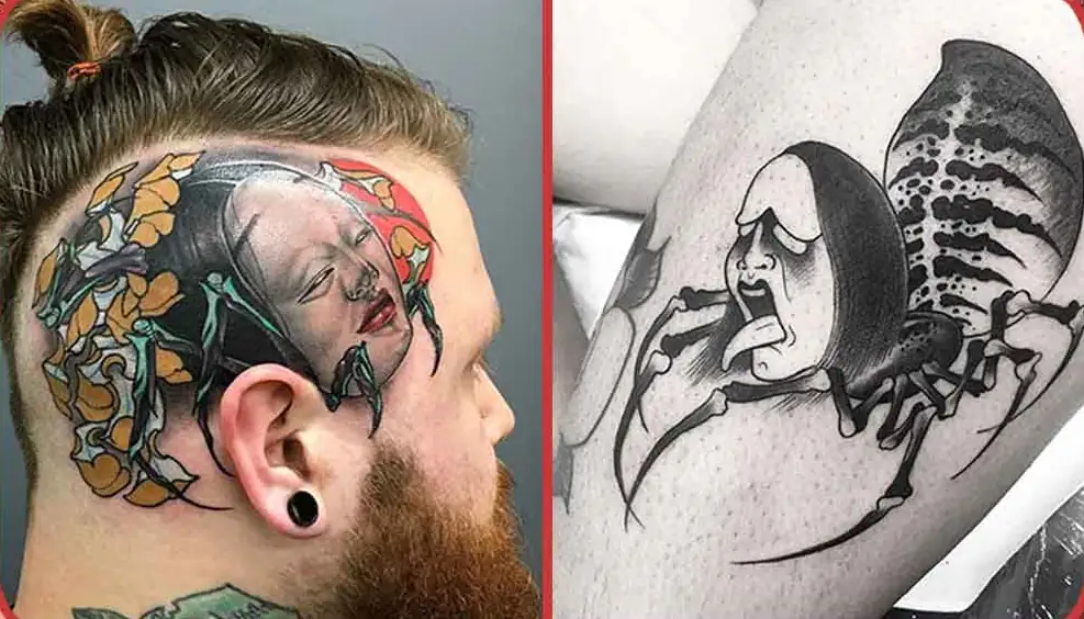 un homme avec un jorogumoo tattoo sur la tête et sur le bras