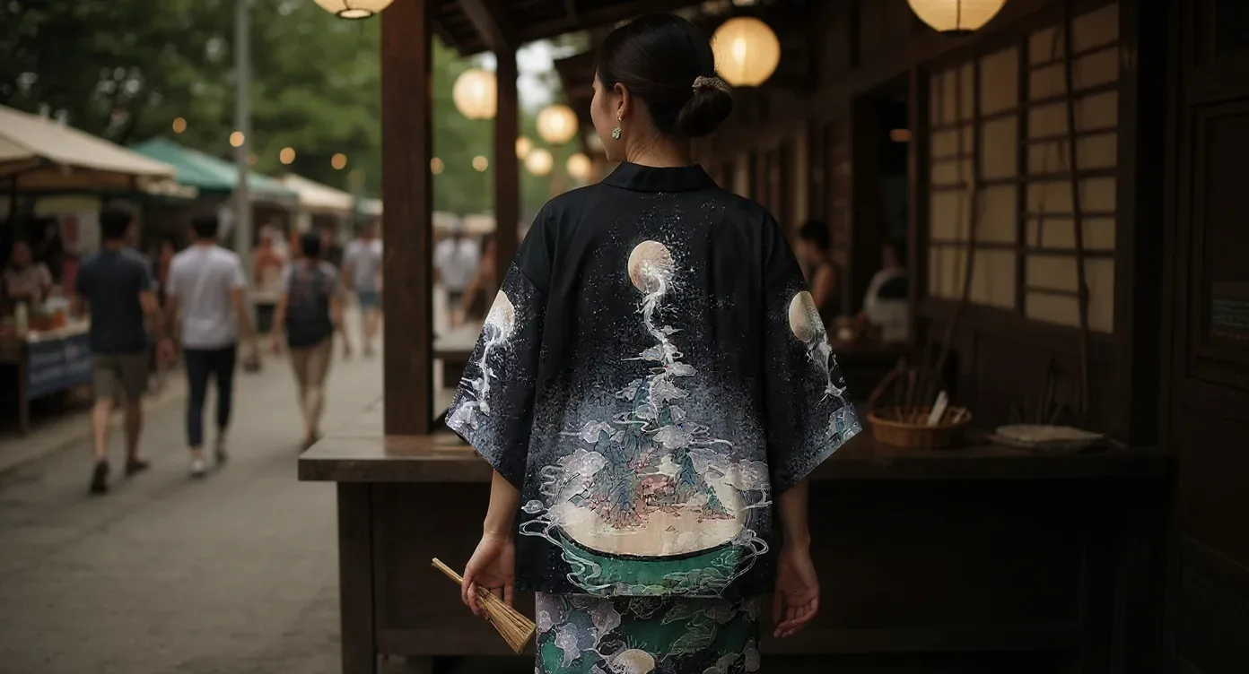 Femme portant un yukata en coton lors d'un festival d'été au Japon