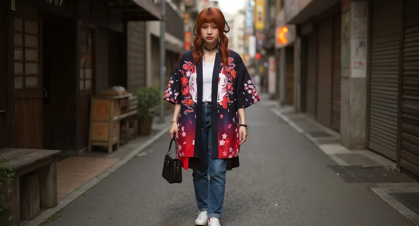 Femme portant un haori féminin sur un tee-shirt et un jean dans une rue de Tokyo