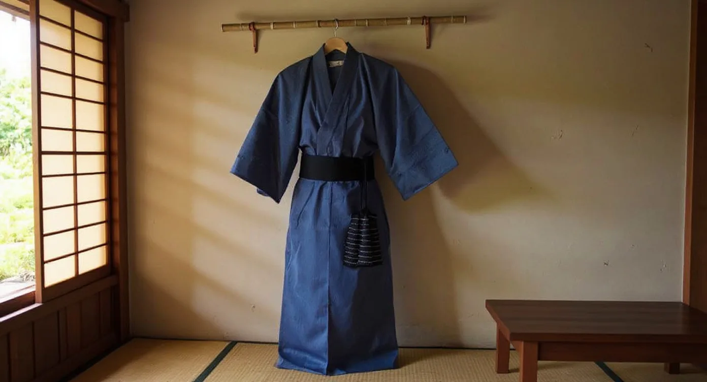 Kimono Yukata suspendu à une tringle en bambou dans une pièce en tatami