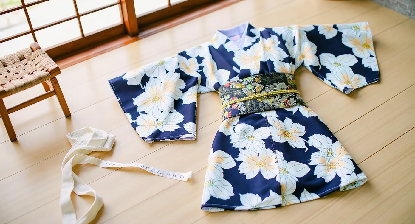 Yukata Kimono Femme étalé au sol avec un mètre ruban pour mesurer