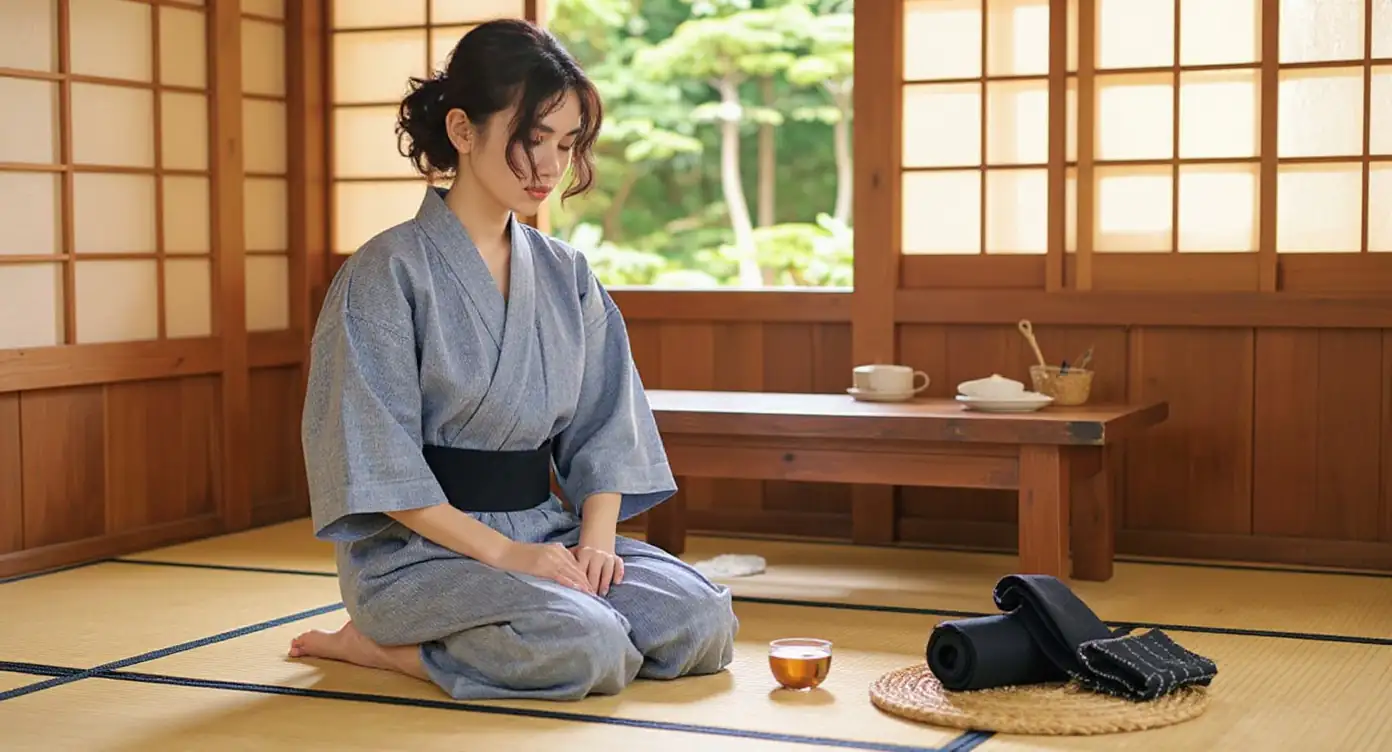 Personne en yukata pâle assise en seiza sur tatami, thé froid et vêtements légers à proximité.