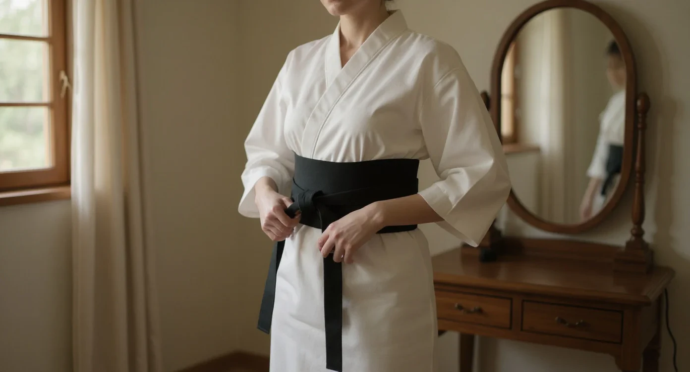 Femme ajustant une ceinture obi noire à la taille, sur un sous-vêtement de soie blanche, dans un dressing