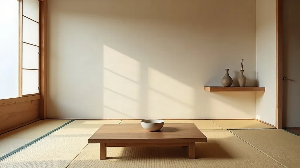 Minimal Japanese washitsu interior with tatami, shoji screens, low table, cream tea bowl, soft north light, and quiet wabi-sabi colour harmony