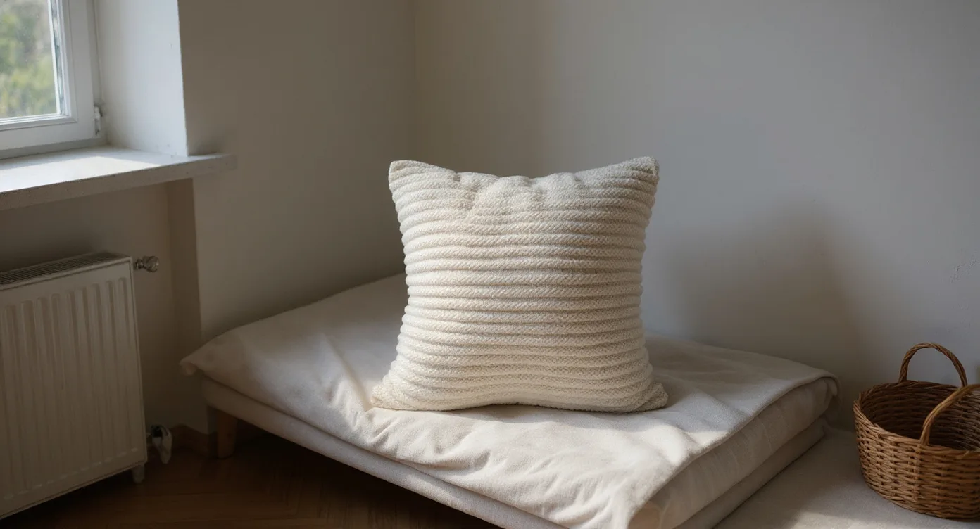 Cream knitted pillow on pale daybed in cool north light showing matte texture without harsh shadow