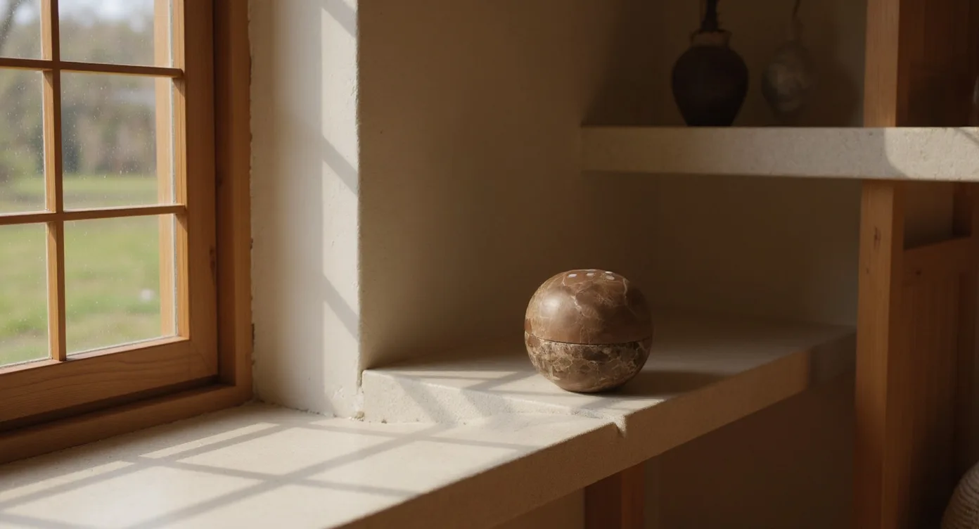 Stone incense burner on travertine shelf in south-light afternoon room with soft shadows and matte clay texture
