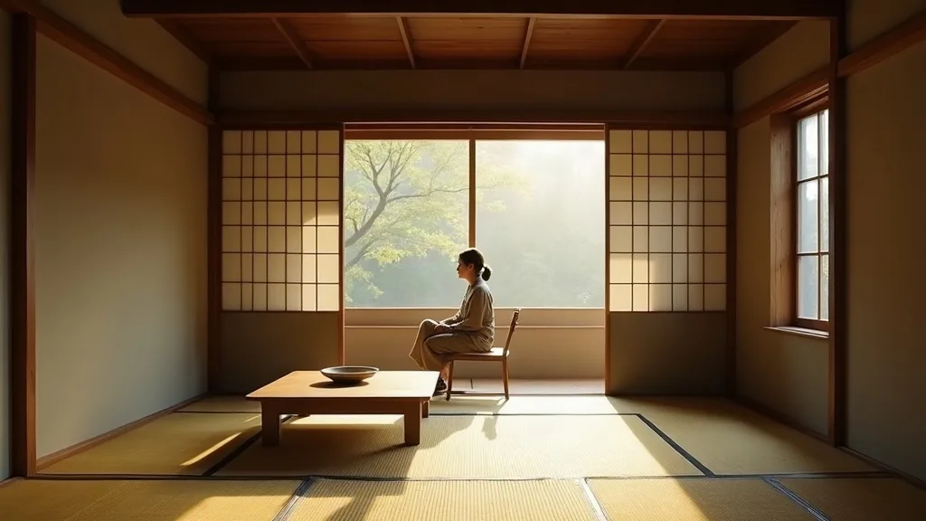 Serene Japanese tea room interior with tatami, one seated figure, natural afternoon light through screen