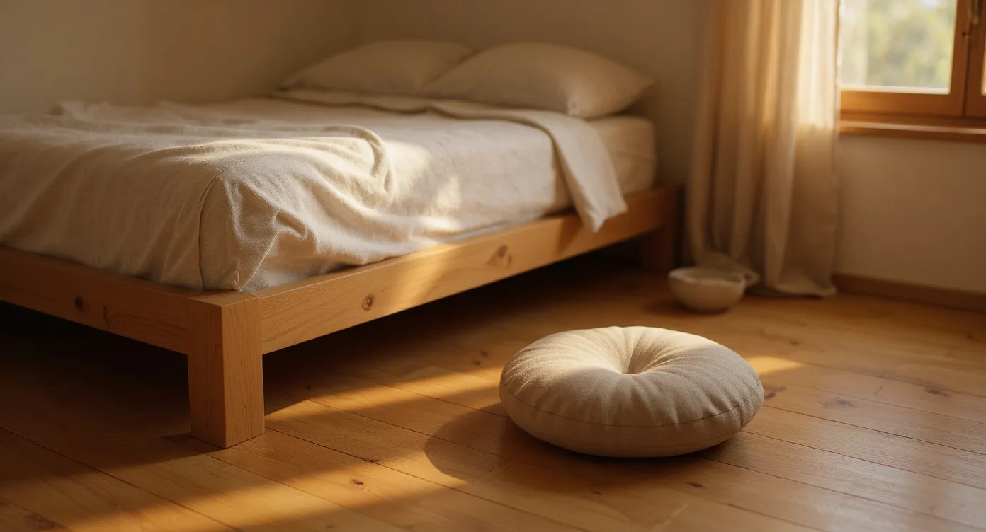 Wabi-sabi cushion beside low wooden bed in warm morning bedroom light