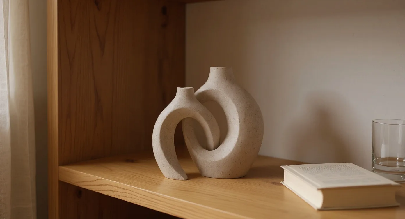 Handmade wabi-sabi vase alone on pale wooden shelf in morning light with negative space