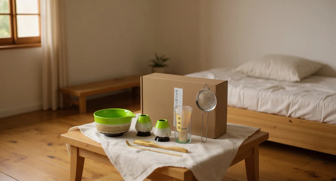 Ceramic matcha set arranged on a side table in a japandi bedroom with soft morning light