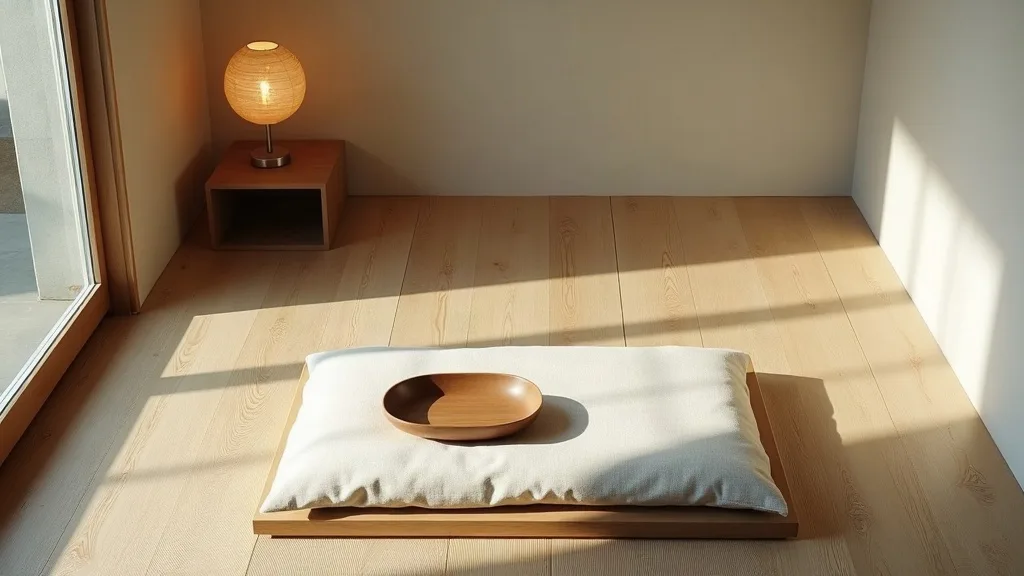 Japandi living room with low platform, pale cushion and empty space in soft daylight