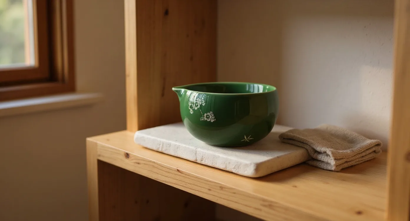 Matcha green tea bowl on a pale stone tray, displayed on a wooden shelf in afternoon light