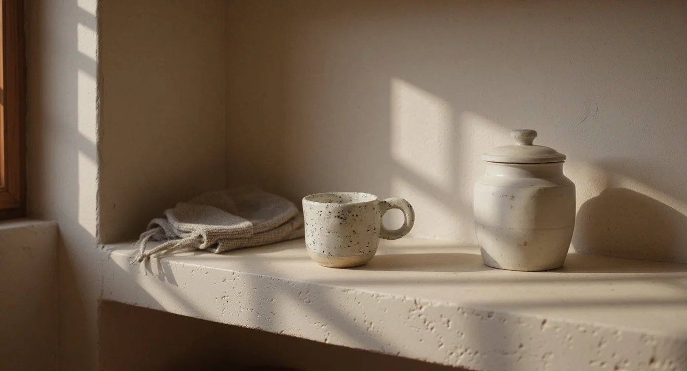 Japanese yunomi on kitchen shelf, afternoon light, narrow cup form, ceramic details