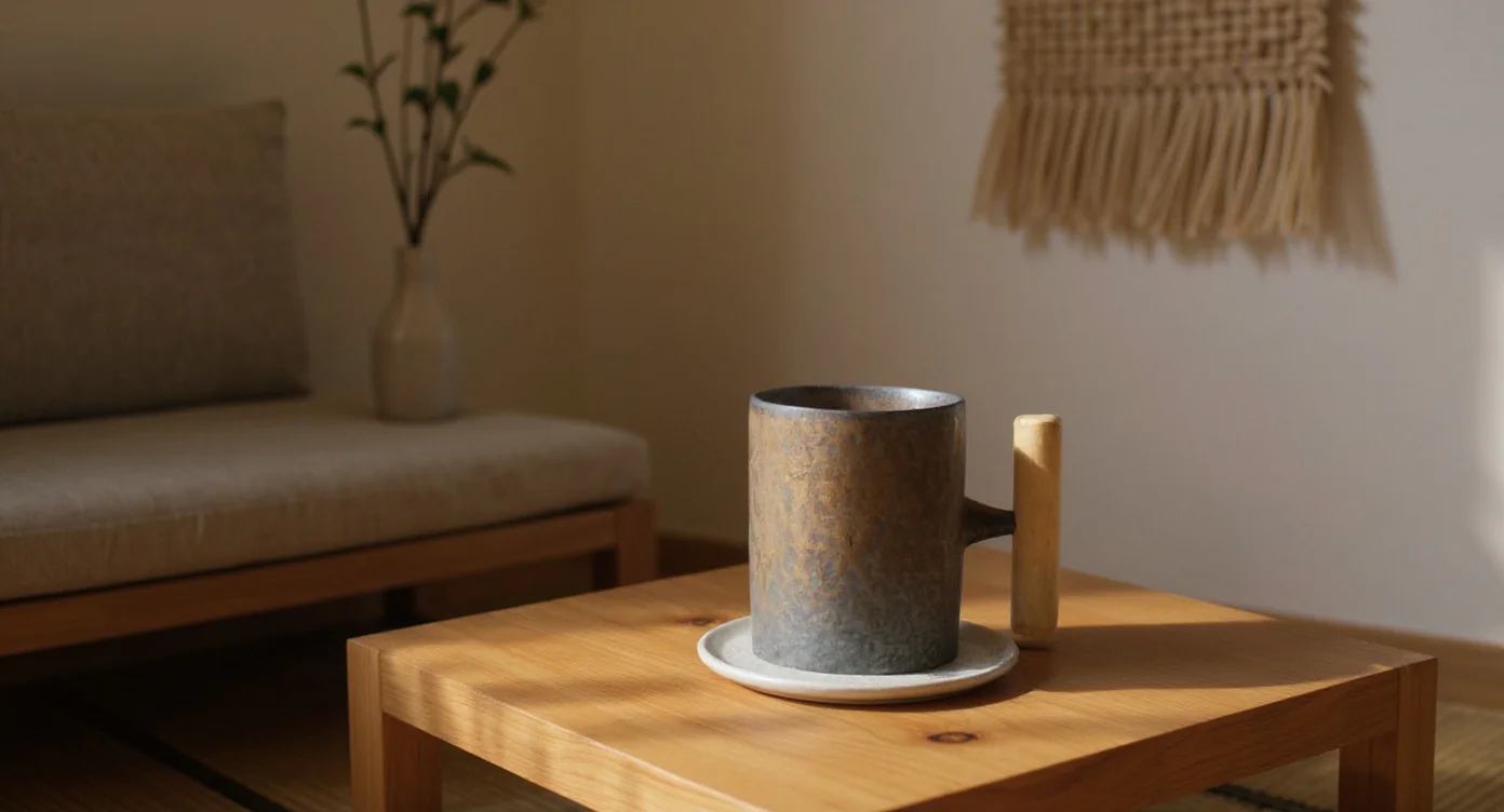 Wabi Sabi tea cup on ceramic coaster, low table, afternoon window light, bowl shape